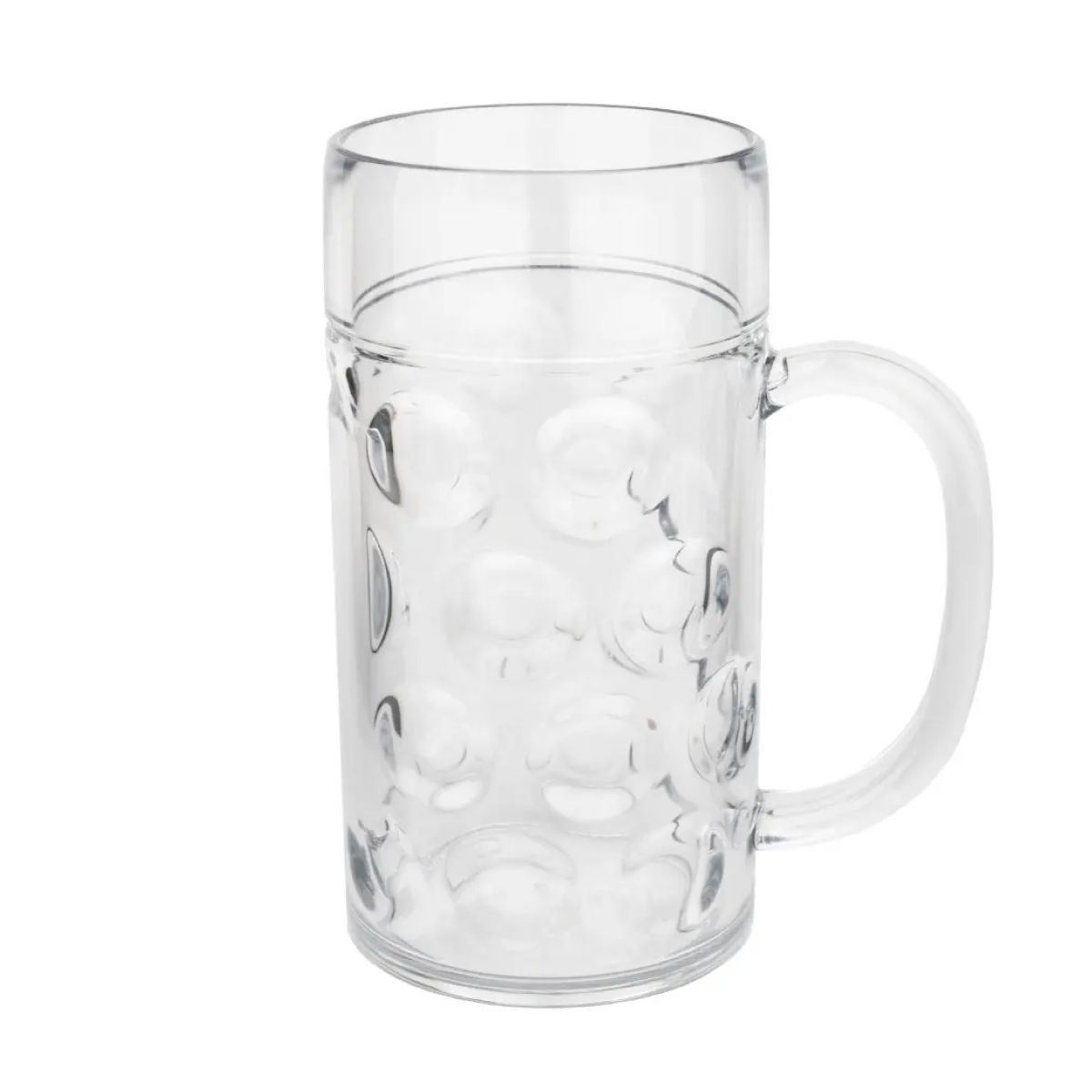 Rechte weergave van een lege Bierpul Oktober van 110 cl. in helder kunststof glas.