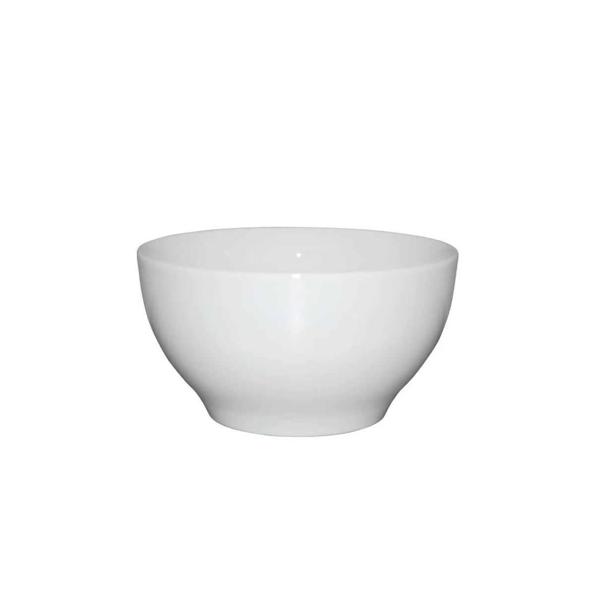 Witte porseleinen bowl van 13,5 cm in vooraanzicht, met ronde vorm en egale, gladde afwerking.
