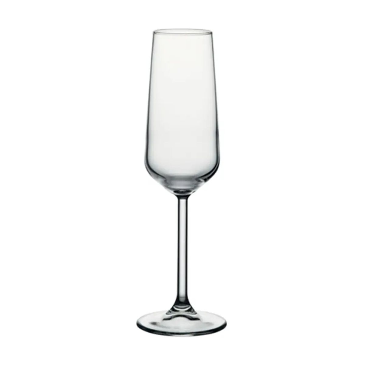 Champagneflute Allegra 19,5 cl. van helder glas in recht vooraanzicht, met smalle, hoge kelk.