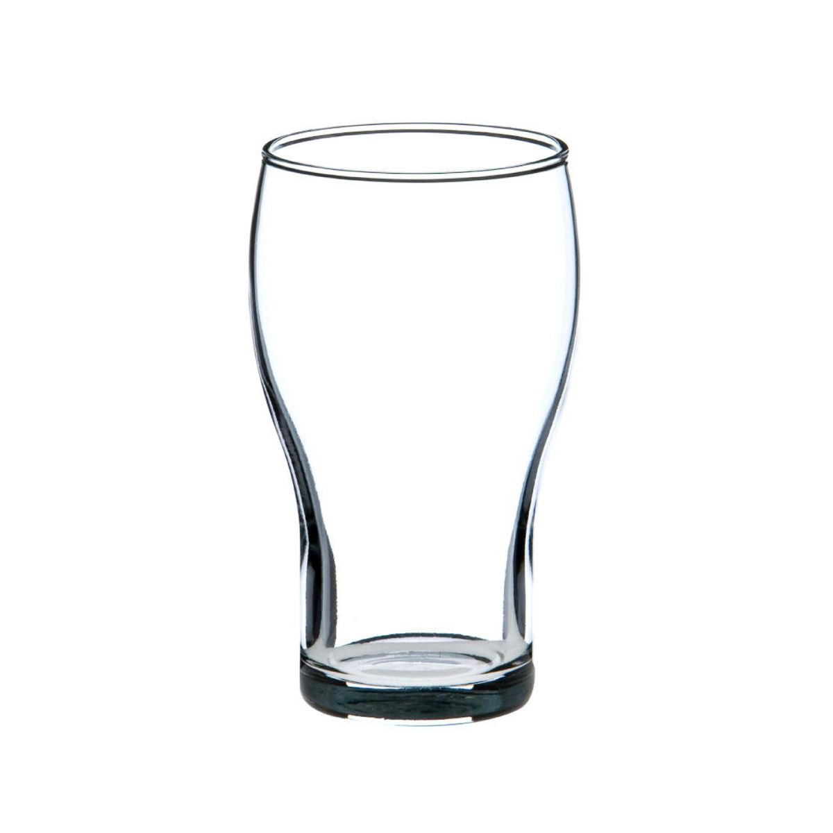 Vooraanzicht van een transparant Cola Klein 22 cl. glas met smalle voet en licht gebolde rand.