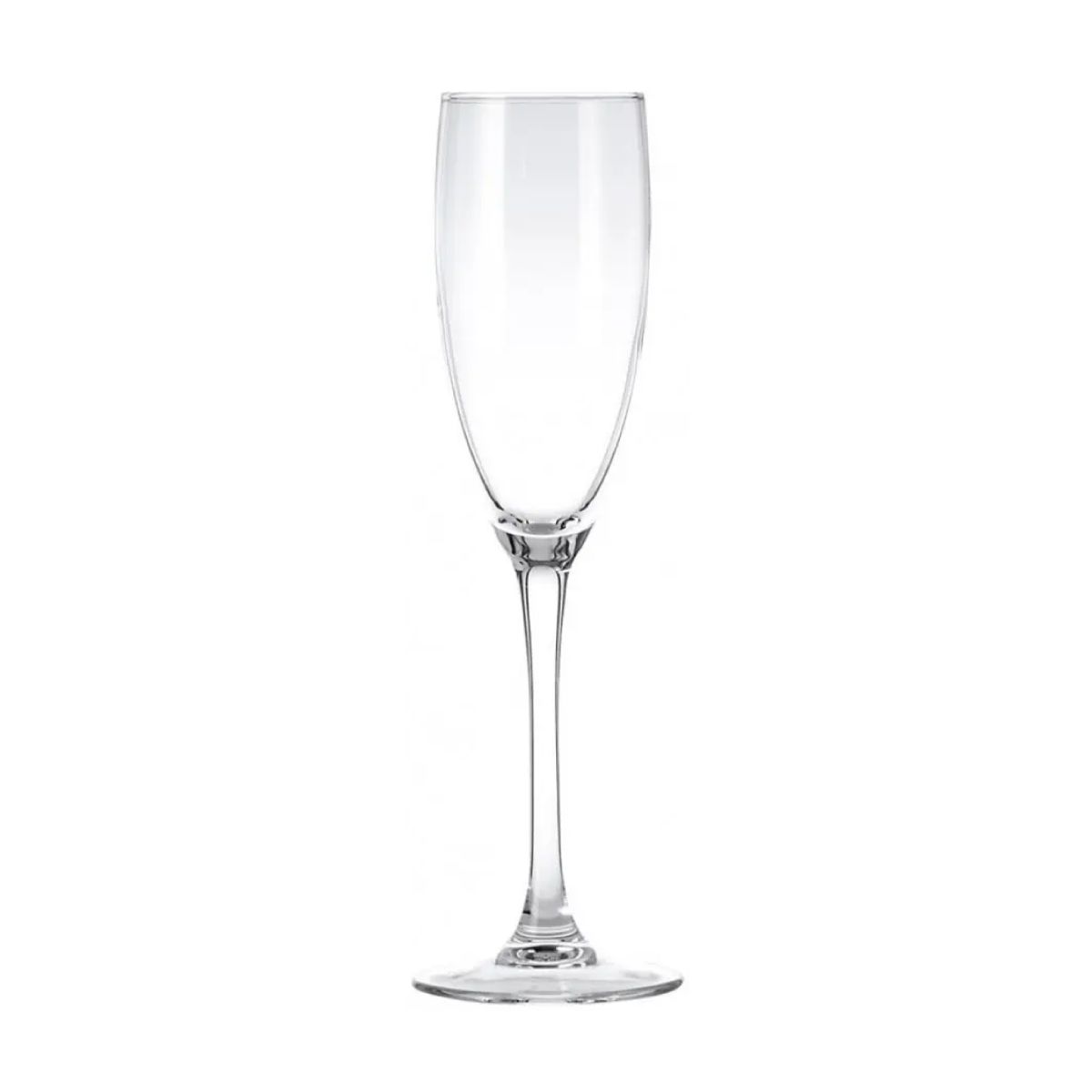 Vooraanzicht van de transparante Cosy Moments champagneflute 19 cl. met smalle kelk en lange steel.