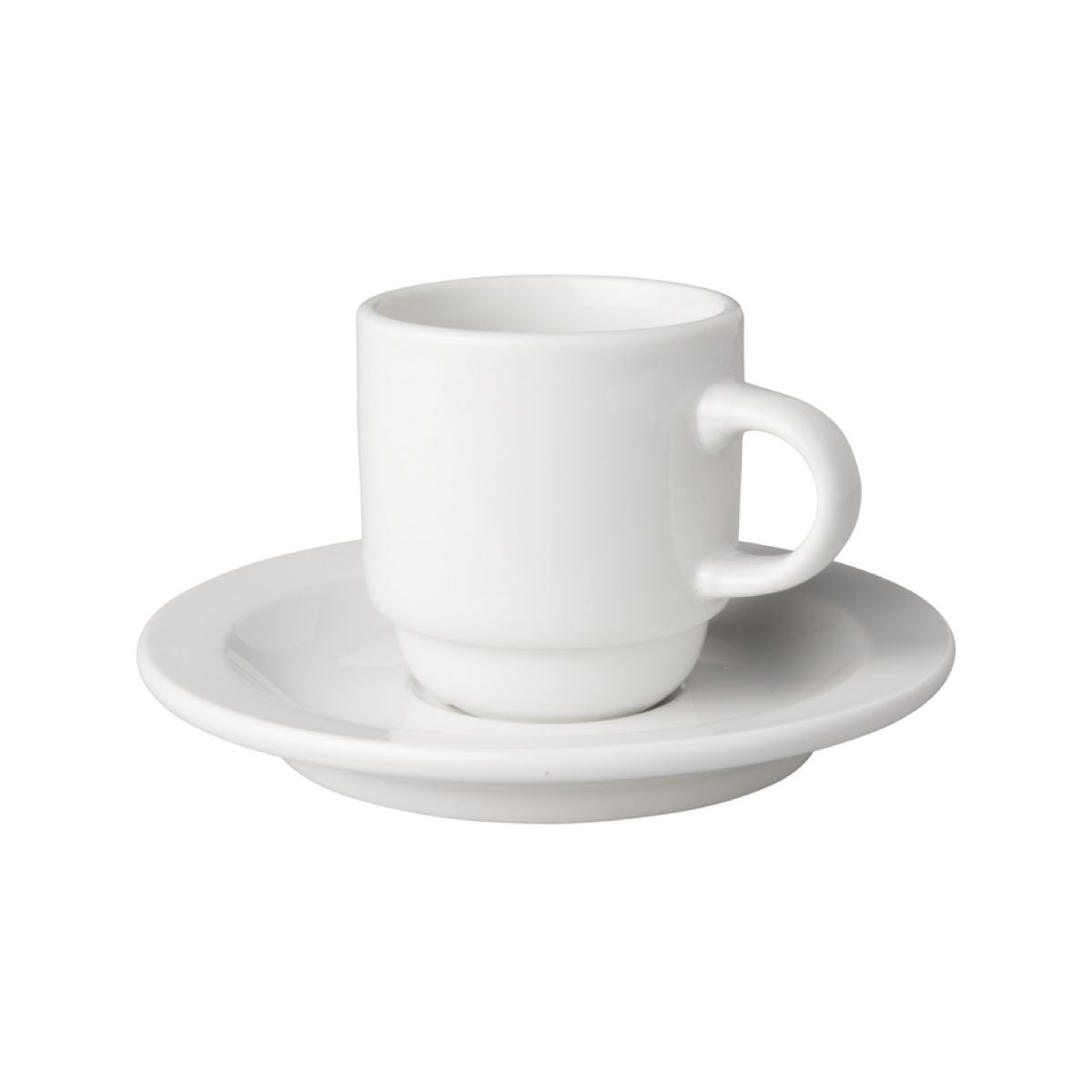 Vooraanzicht van kop en schotel wit Budgetline Smal 14 cl porselein, klassiek en eenvoudig ontwerp.