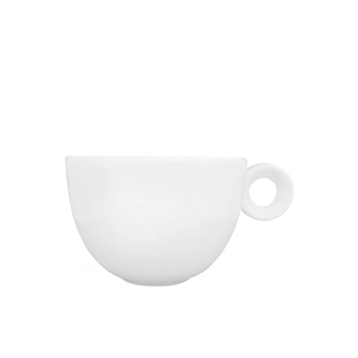 Vooraanzicht van witte porseleinen Rondo Koffie kop 15 cl. met ronde vorm en klassiek oor.