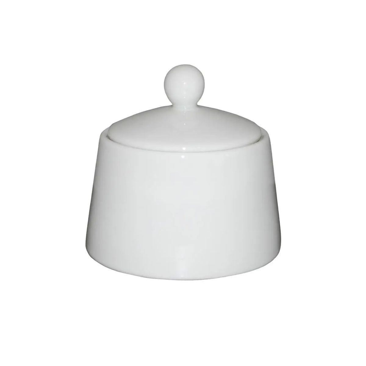 Vooraanzicht van witte porseleinen suikerpot Eva wit 20 cl. met passend deksel en ronde vorm.