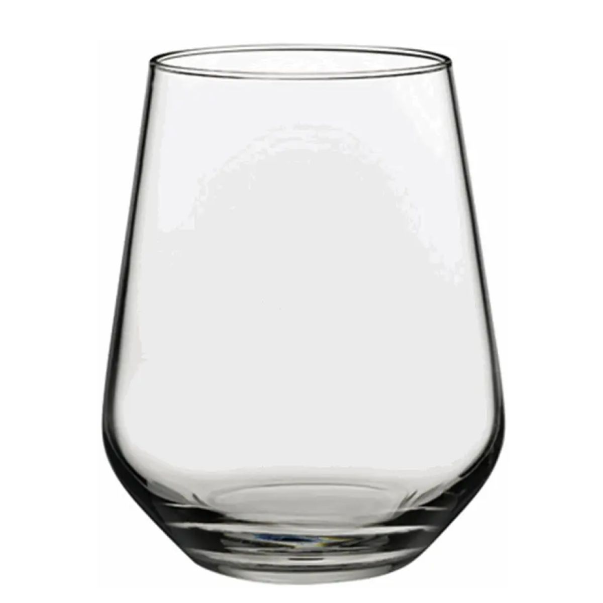 Frontale weergave van tumblerglas Allegra 42,5 cl. geschikt voor frisdranken of cocktails, met gladde glazen wand.