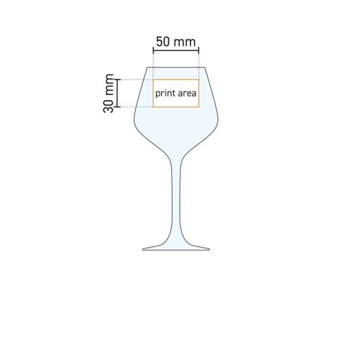 Technische werktekening van het Arome 35 cl wijnglas met gemarkeerde druklocatie voor personalisatie.