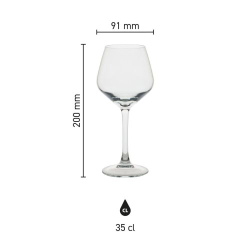 Infografiek toont de afmetingen van het Arome wijnglas 35 cl met hoogte- en diameterverdeling.