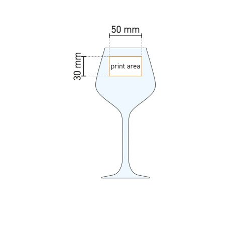 Technische werktekening van het Arome wijn 50 cl. glas met gemarkeerd drukgebied.