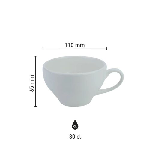 Infographic met afmetingen van porseleinen Barista Koffie Verkeerd kop 30 cl.