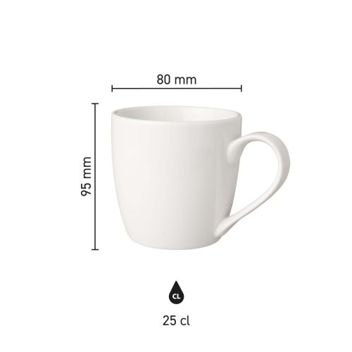 Infographic met afmetingen van witte porseleinen Budgetline Neo beker 25 cl.
