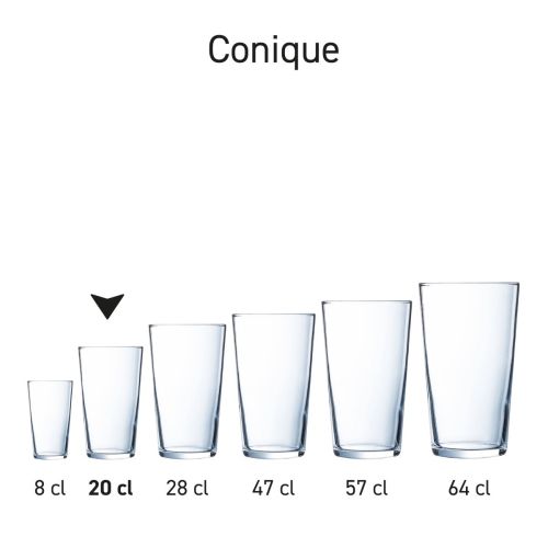 Rijtje Conique bierglazen van gepresenteerd als uniforme serie.