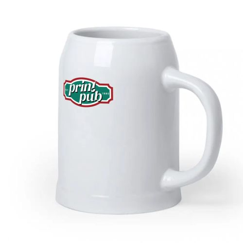 Voorzijde van bierpul Hamburg 70 cl. met meerkleurig logo ‘PrintPub’, duidelijk zichtbaar op porselein.