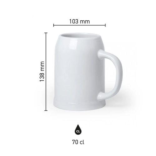 Infographic toont de productafmetingen van de bierpul Hamburg 70 cl. vervaardigd uit porselein.