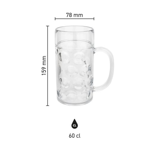 Infographic met afmetingen van kunststof bierpul Oktober 60 cl, inclusief hoogte en diameter.