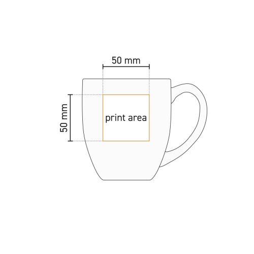 Technische werktekening van Big Drink mok 45 cl. porselein met gemarkeerd drukgebied.