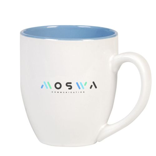 wit-blauwe porseleinen Big Drink mok 45 cl, vooraanzicht met strakke osacommunication opdruk in contrasterende kleur.