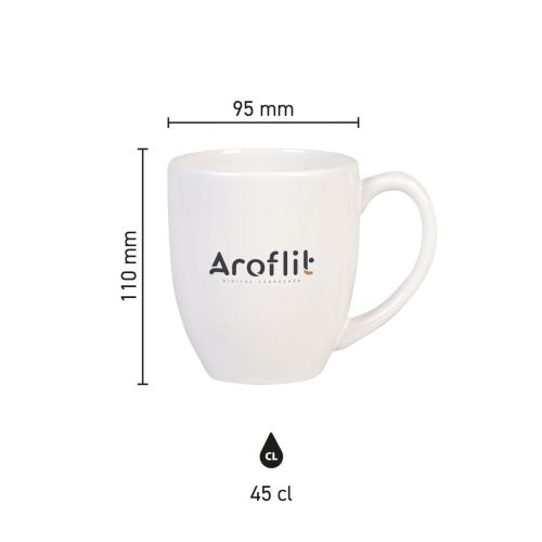 Infographic met productafmetingen van Big Drink mok 45 cl van porselein, inclusief hoogte- en diameterdetails.