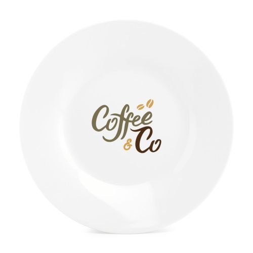Porseleinen bord Basic 24 cm met meerkleurig CoffeeCo-logo op het midden van de voorzijde.