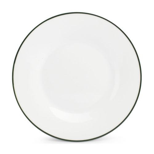 Vooraanzicht van een wit porseleinen bord 24 cm met groene rand uit de Basic-lijn, met glad oppervlak.