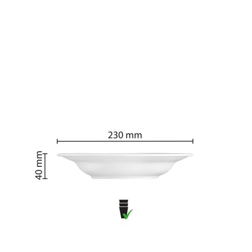 Infographic met afmetingen van het diepe Princip bord 23 cm, inclusief diameter en diepte.