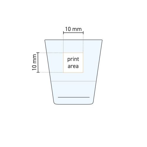 Technische werktekening van borrelglas stapel Grande S 7,2 cl. met markering van drukgebied voor logo.