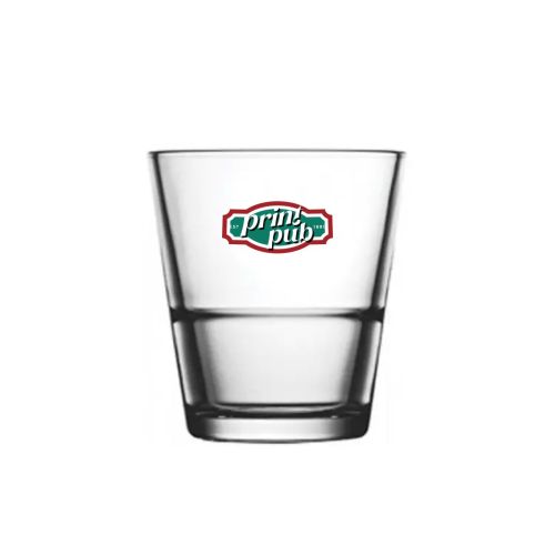 Borrelglas Stapel Grande S 7,2 cl. met meerkleurig PrintPub-logo op voorzijde, gedrukt op glad glasoppervlak.