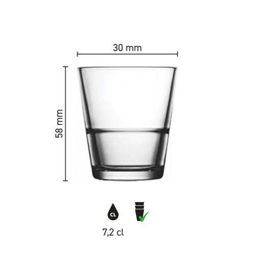 Infographic met afmetingen van borrel stapel Grande S 7,2 cl, toont hoogte, diameter en inhoud.