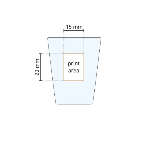 Technische werktekening van borrelglas Libbey Shots 6 cl. met aanduiding van het drukgebied voor logo’s.