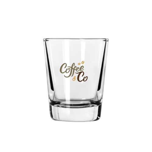 Borrelglas Libbey Shots 6 cl. met meerkleurig CoffeeCo-logo bedrukt op de voorkant van het transparante glas.