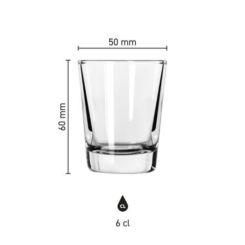 Infographic met afmetingen van het Libbey Shots borrelglas 6 cl., inclusief hoogte en diameter.