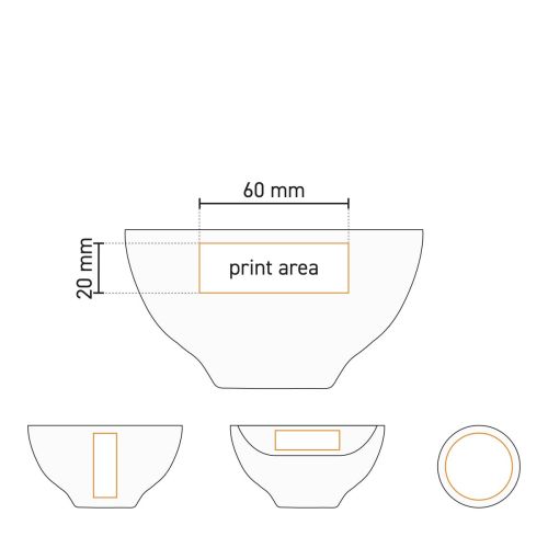 Technische werktekening van bowl wit 12 cm porselein met aanduiding van drukgebied op buitenzijde.