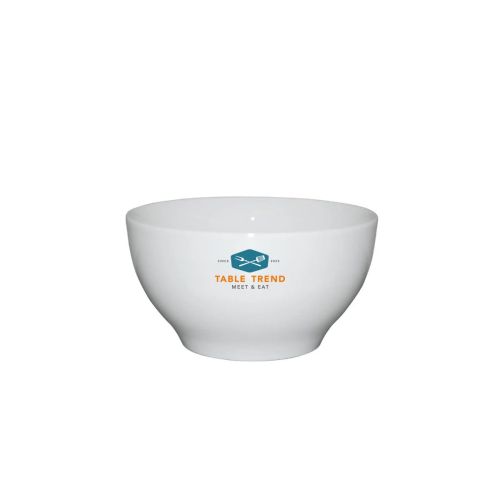Porseleinen bowl wit 12 cm met meerkleurig TableTrend-logo gecentreerd op de buitenzijde vooraanzicht.