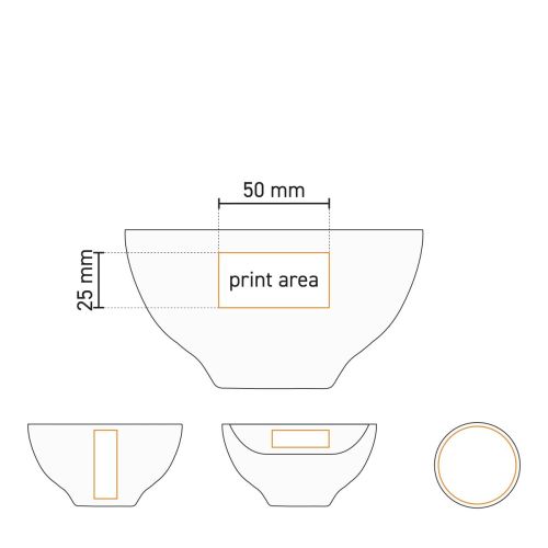 Technische werktekening van bowl wit 13,5 cm porselein met drukgebied voor bedrukking of gravure.