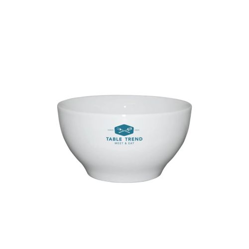 Voorzijde van porseleinen bowl 13,5 cm met éénkleurig TableTrend-logo duidelijk zichtbaar op het oppervlak.