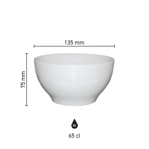 Infographic met productafmetingen van bowl wit 13,5 cm porselein, toont diameter, hoogte en inhoud.