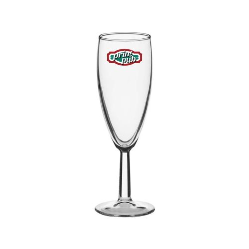 Brasserie champagneglas 15 cl. bedrukt met meerkleurig PrintPub-logo op de voorkant van het transparante glas.