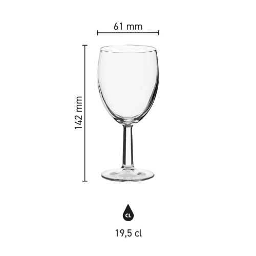 Infographic met maatvoering van Brasserie wijnglas 19,5 cl. toont hoogte, kelkbreedte en inhoud.