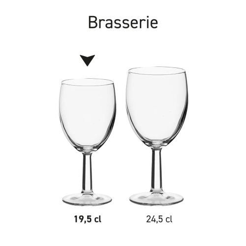 Serieoverzicht van Brasserie wijnglazen met identieke stijl en verschillend formaat, getoond in variaties.