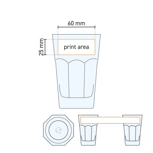 Technische werktekening van het Casablanca Latte glas 29,5 cl. (120 mm) met aangegeven drukvlak.