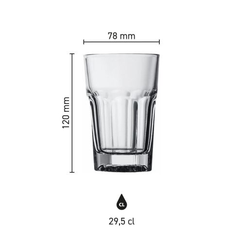 Infographic met producthoogte en inhoud van het Casablanca Latte 29,5 cl. glas van 120 mm.