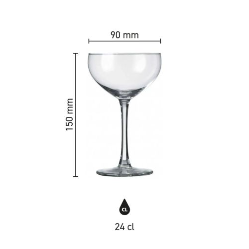 Infographic met afmetingen van het champagneglas Specials 24 cl., met hoogte, kelkbreedte en inhoud.