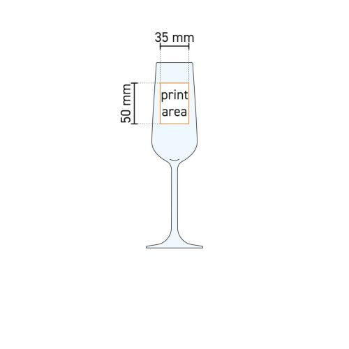 Technische werktekening van champagneflute Allegra 19,5 cl. met aanduiding van drukgebied voor logo.
