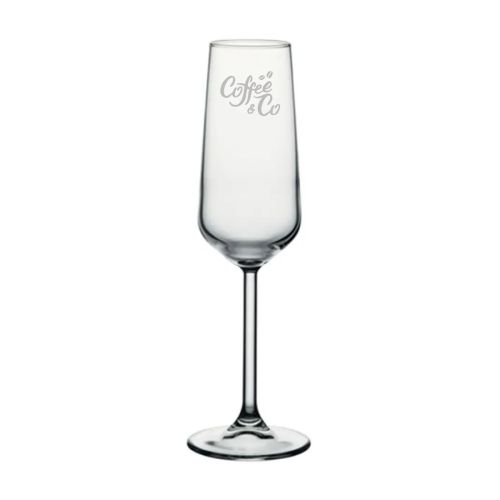 Transparant champagneglas allegra 19,5 cl. met fijne CoffeeCo-logo-gravure op het vooraanzicht gegraveerd.