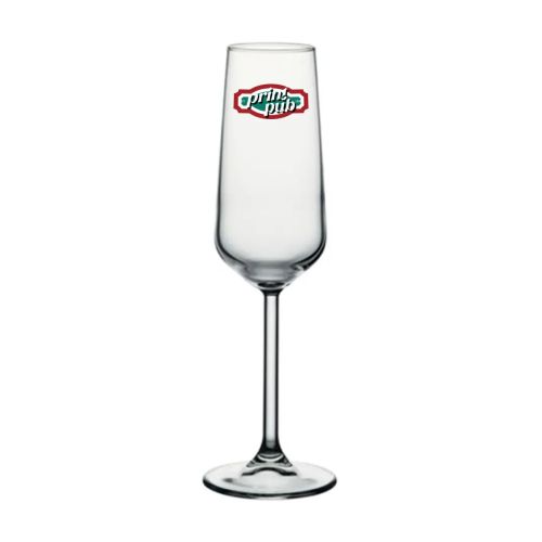 Glazen champagneflute Allegra 19,5 cl. met meerkleurige PrintPub-logo-opdruk zichtbaar op de voorzijde.
