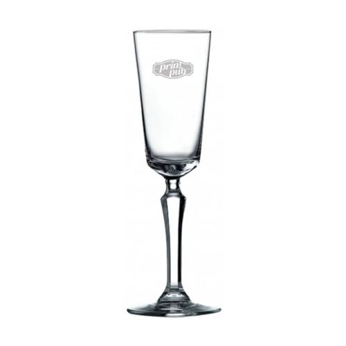 Champagneglas Spksy 17.4 cl met gegraveerd PrintPub-logo op het vooraanzicht van het glas.