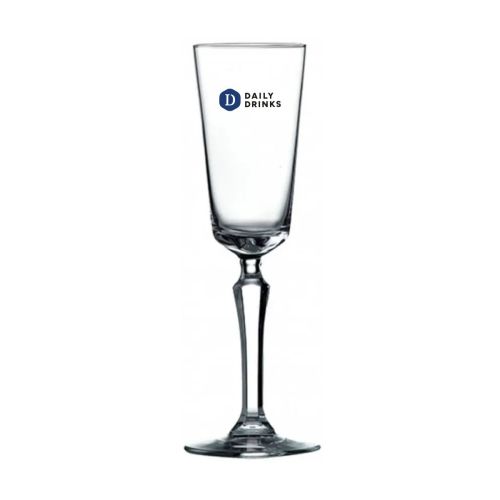 Voorzijde van champagneglas Spksy met meerkleurig DailyDrinks-logo subtiel op het glas gedrukt.
