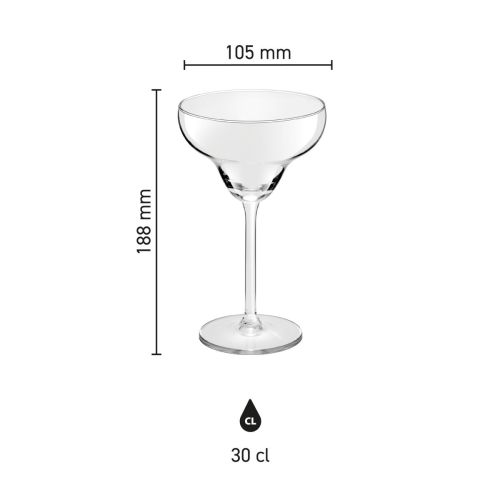 Infographic met hoogte en diameter van het Margarita cocktailglas van 30 cl glas.