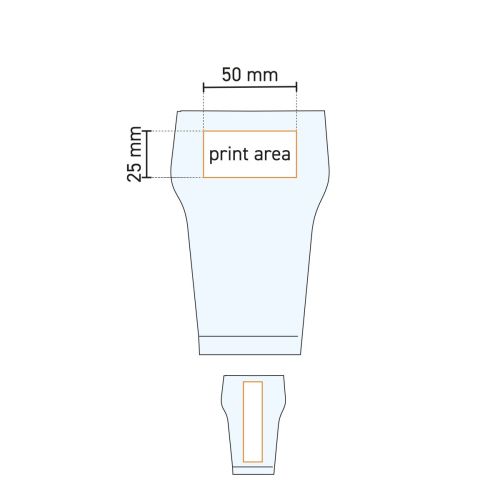 Technische werktekening van het 28 cl. glas met aanduiding van het drukgebied voor logo’s.