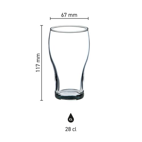 Infographic met maatvoering van het Cola Groot 28 cl. glas, inclusief hoogte en diameter.