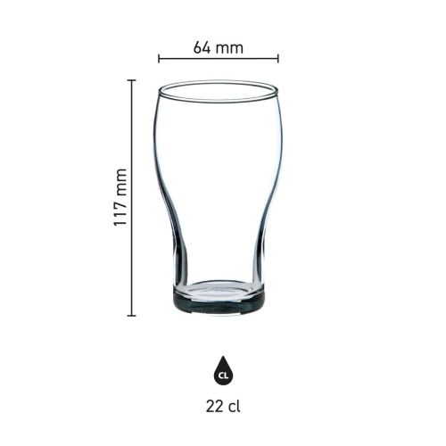 Infographic met afmetingen van het Cola Klein 22 cl. glas, inclusief hoogte en diameter.